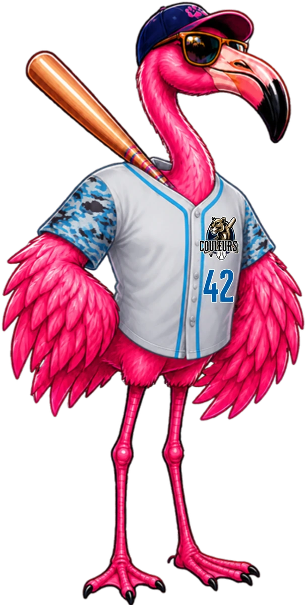Pink flamingo in a Cougars #42 jersey, cap and sunglasses, holding a baseball bat