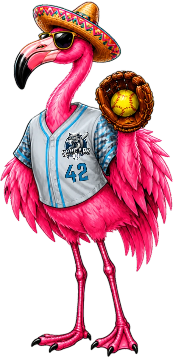 Pink flamingo in a Cougars #42 jersey, sombrero and sunglasses, holding a softball glove